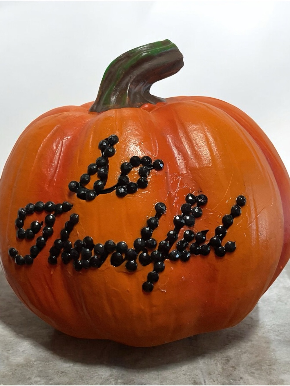 Orange Decorative Pumpkin with Black Diamond Art So Thankful " Script Sealed